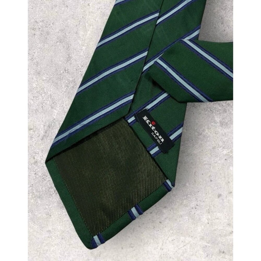 KITON 7fold Silk Tie ITALY XL Green Blue Striped W:3.7" EUC - Picture 5 of 6